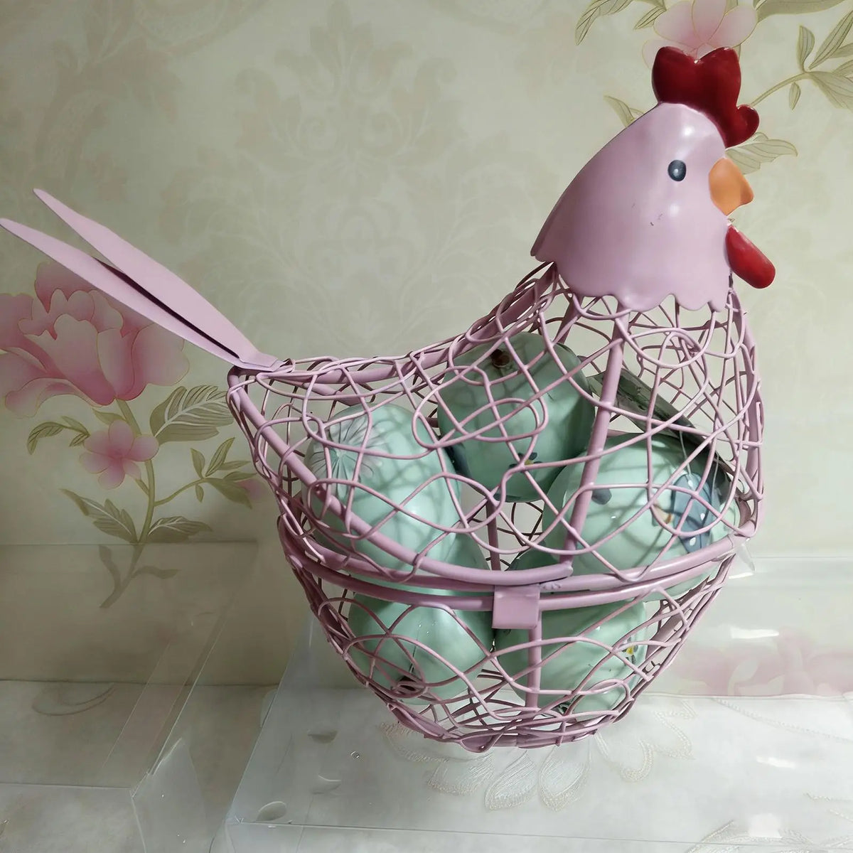 Hen Shaped Egg Basket | Farmhouse Wire Storage Holder Egg Storage Basket PLUSH