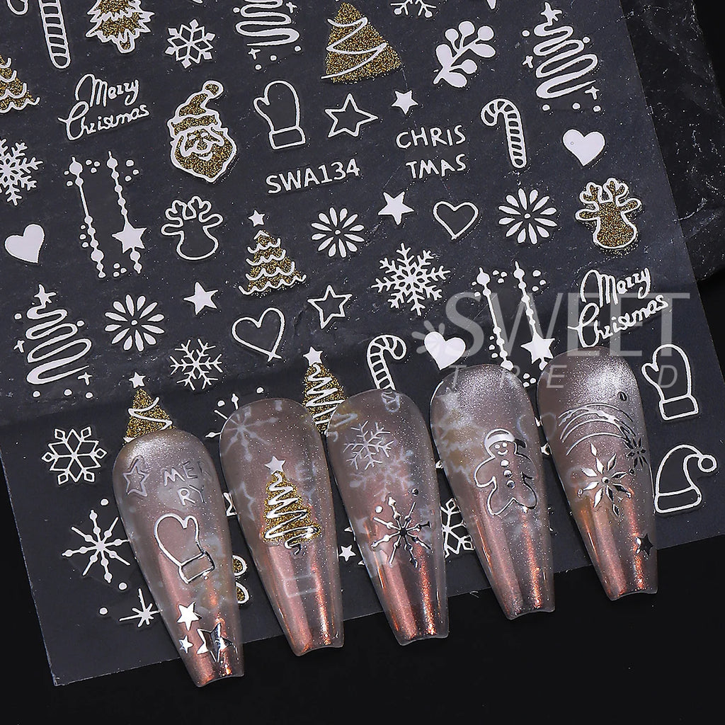 Christmas 3D Nail Stickers Gold Silver Glitter Xmas Decals 2pcs Nail Art Stickers PLUSH