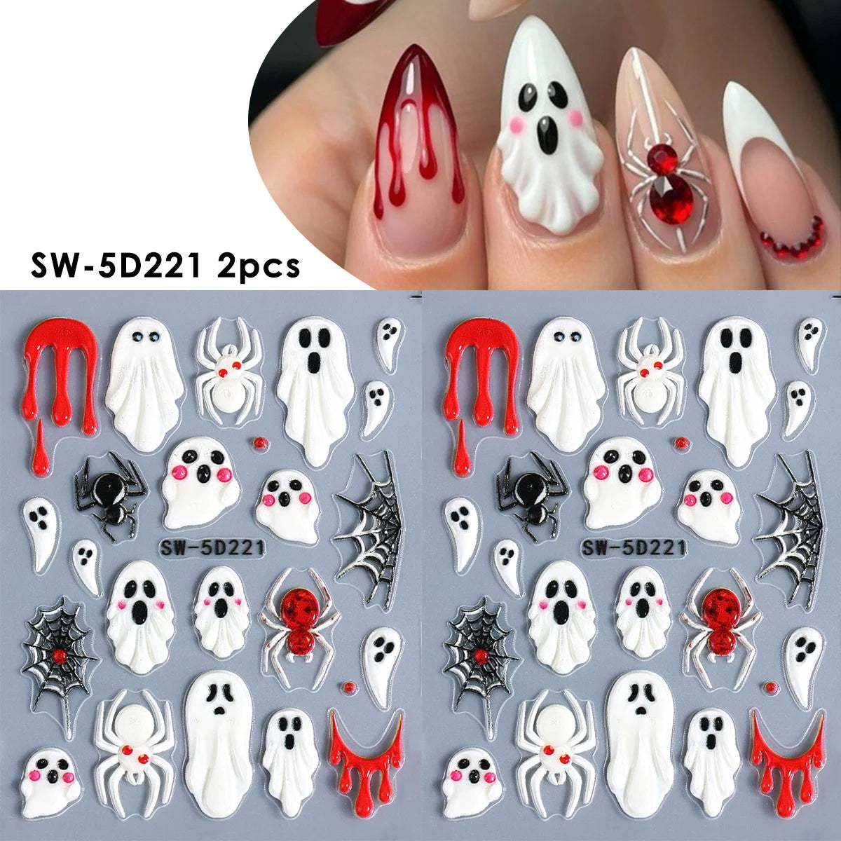 Halloween 5D Embossed Nail Stickers – Spider Web Ghost Decals Nail Art Stickers PLUSH SW-5D221 2pcs