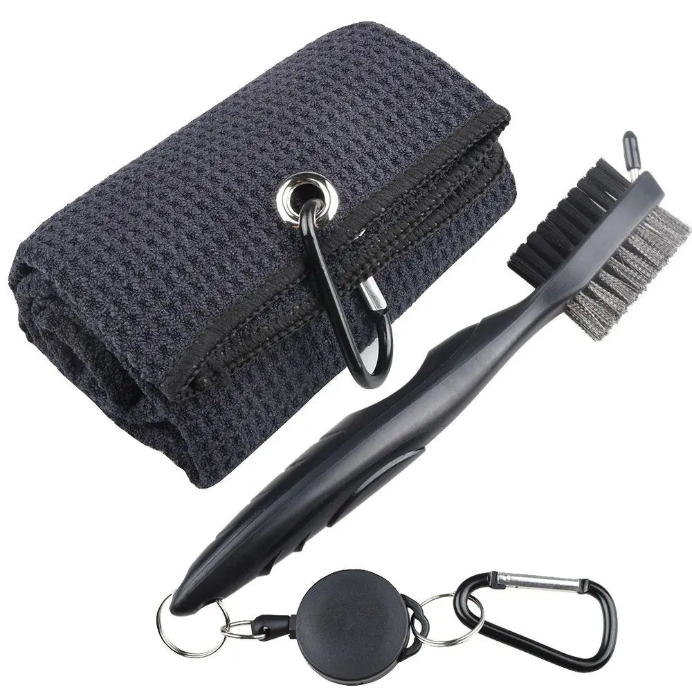 Golf Cleaning Set – Towel & Double-Sided Brush with Hook Golf Cleaning Set PLUSH black