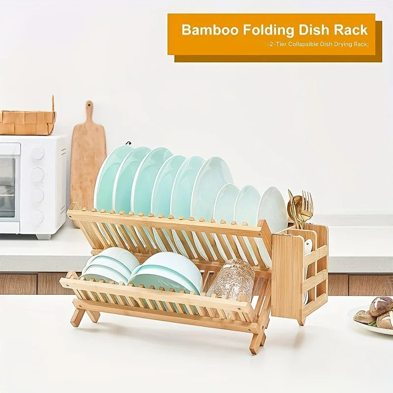 Foldable 2-Layer Bamboo Dish Drying Rack with Utensil Holders Dish Drying Rack PLUSH