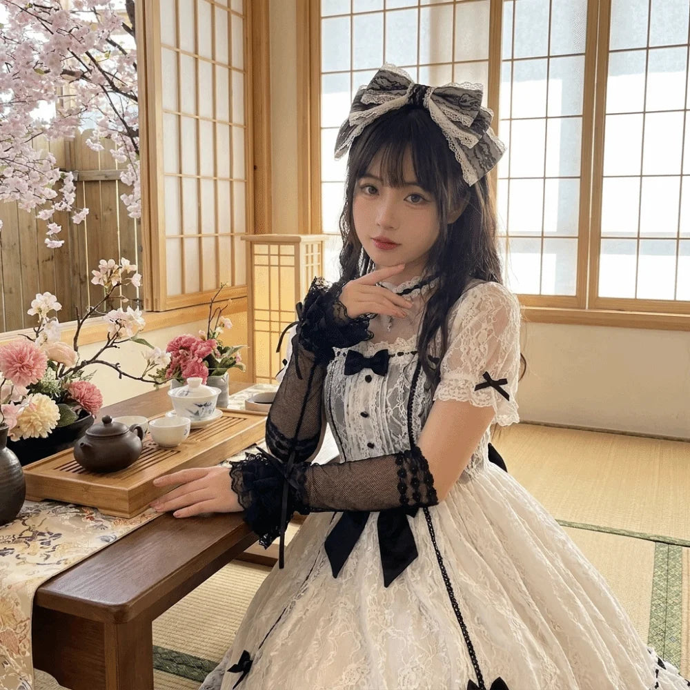 Ruffled Mesh Fingerless Gloves Bowknot Sheer Lolita Cosplay Fingerless Fashion Gloves PLUSH