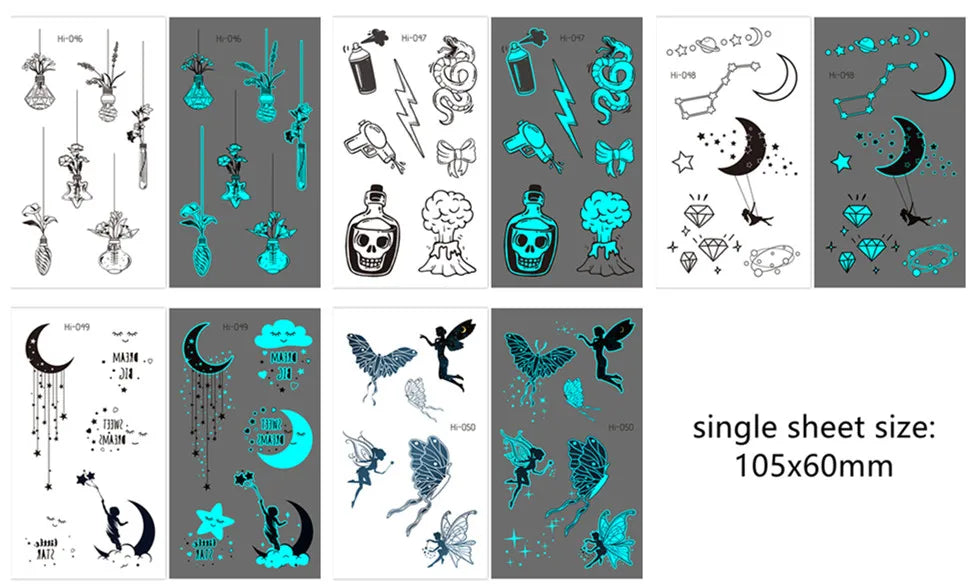Luminous Glow Temporary Tattoo Stickers – Snake & Butterfly Temporary Tattoo Stickers PLUSH Hi-46-50 5pcs set