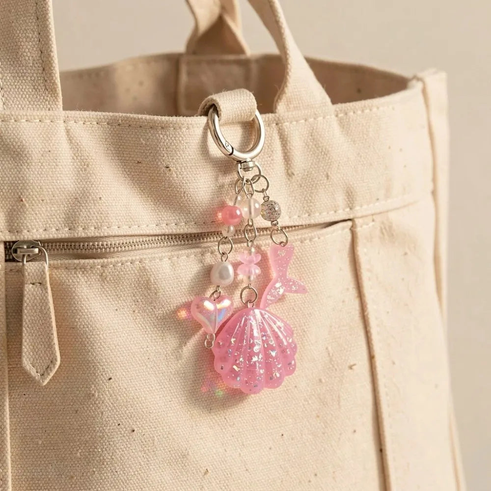 Shell Beaded Phone Charm Keychain – Glitter Sequin & Pearl Shell Charm Keychain PLUSH