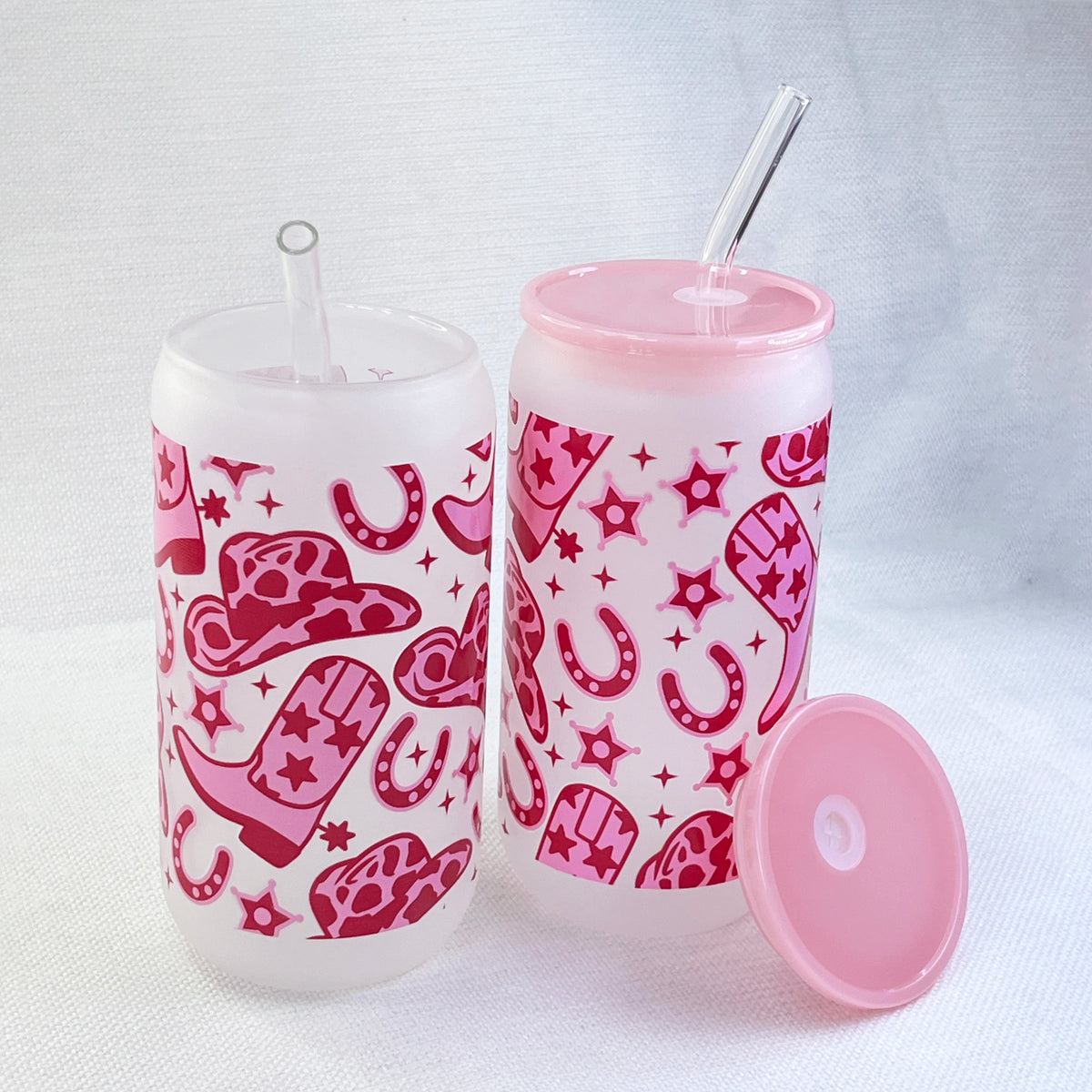 Western Cowgirl 16 oz Glass Cup with Straw, Lid & Brush Glass Drinkware Set PLUSH