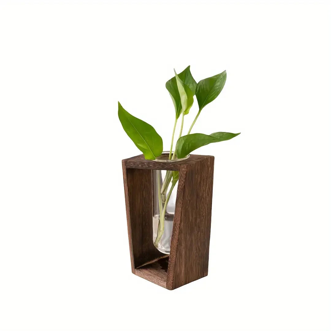Modern Wood & Glass Propagation Vase – Minimalist Hydroponic Planter Propagation Vase PLUSH Retro color
