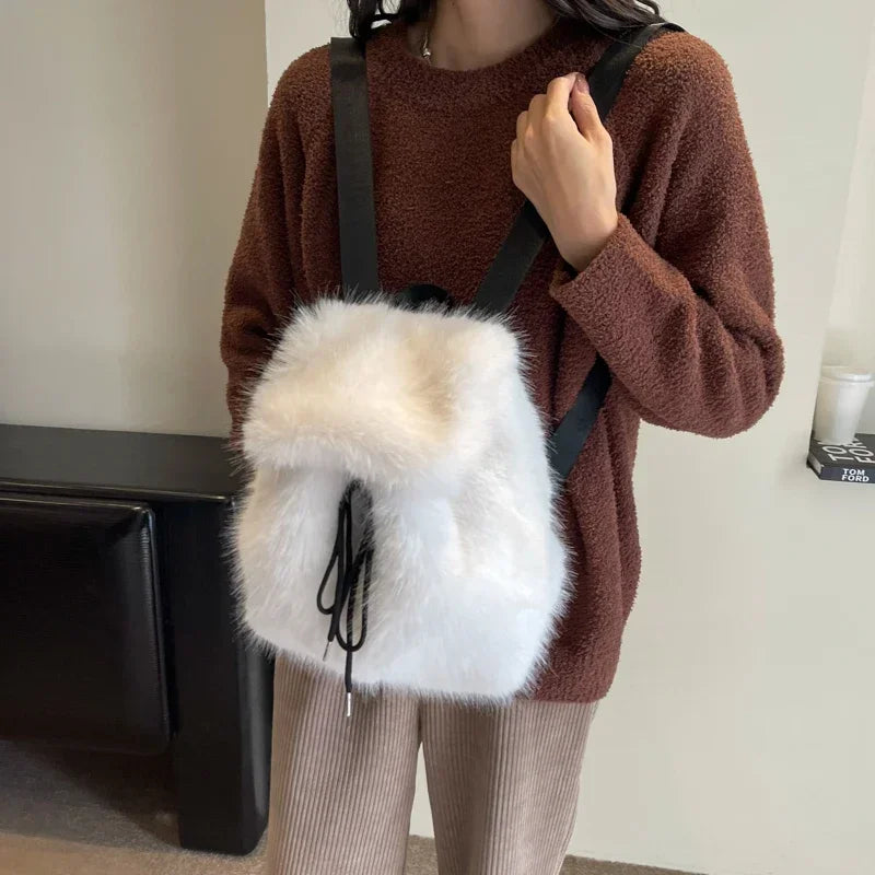 Women's Fox Fur Backpack – Magnetic Drawstring Flap Bag Set Women's Backpack PLUSH