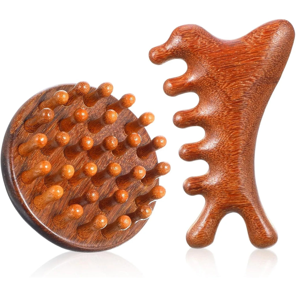 Wooden Scalp Massager Comb & Gua Sha Tool – Wet & Dry Scalp Massage Comb PLUSH 2PCS