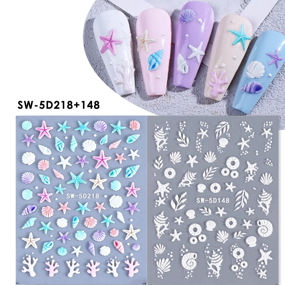 5D Ocean Embossed Nail Stickers – Starfish & Seashell Decals 2pk Nail Art Stickers PLUSH SW-5D218 148