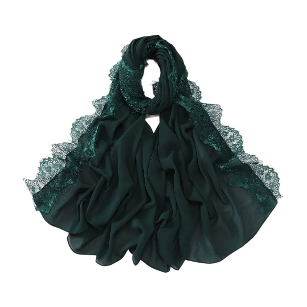 Women's Chiffon Hijab Scarf – Soft Lace Trim Long Shawl Wrap Hijab Head Scarf PLUSH Dark Green