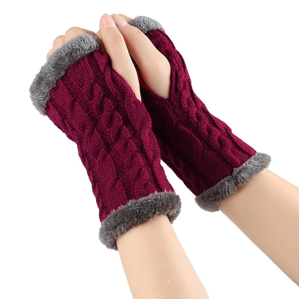 Vintage Knit Fingerless Gloves Faux Fur – Women's Winter Gloves Fingerless Knit Gloves PLUSH Dark Red