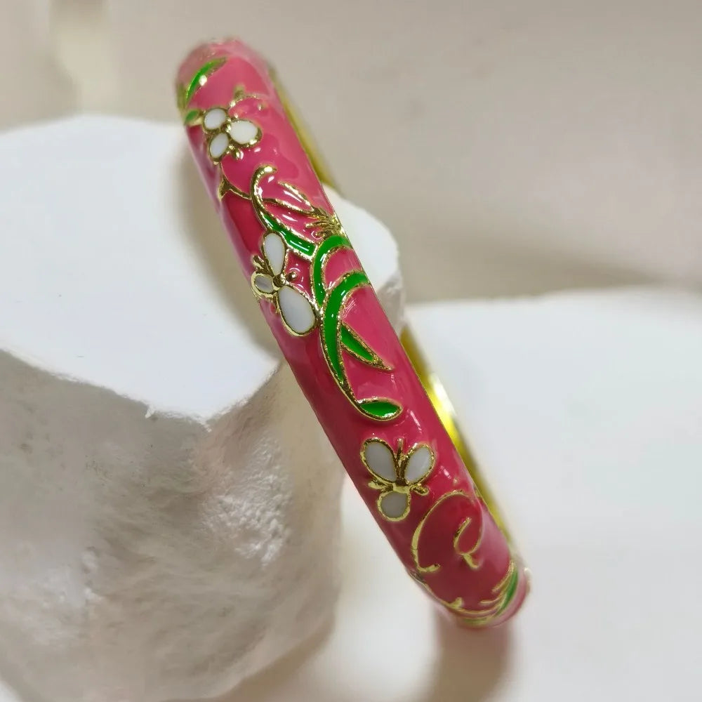Cloisonné Enamel Bangle | Gold-Trimmed Floral Ethnic Bracelet Enamel Bangle Bracelet PLUSH 15