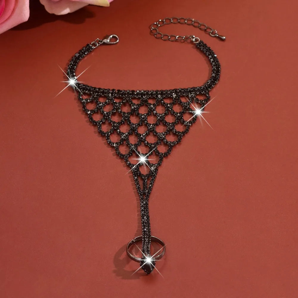 Rhinestone Tassel Multi-Layer Adjustable Finger Bracelet Finger Bracelet PLUSH Black