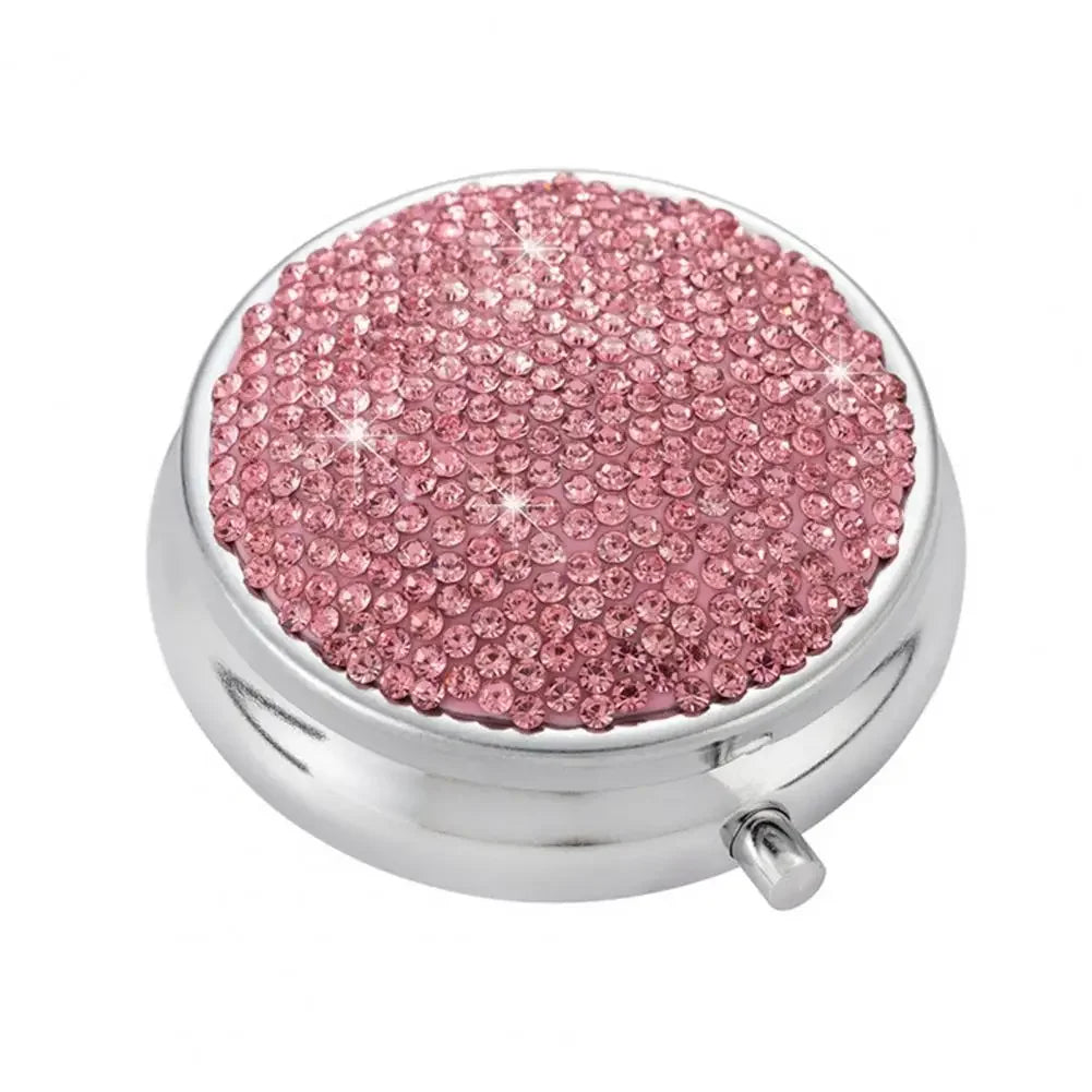 Sparkling Rhinestone Pill Organizer with Mirror – 3 Compartments Pill Organizer Case PLUSH Pink