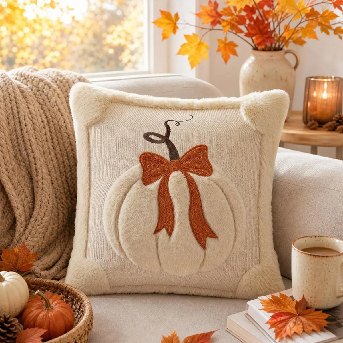 Pumpkin Bow Throw Pillow Cover 45x45cm | Fall Halloween Decor Throw Pillow Cover PLUSH