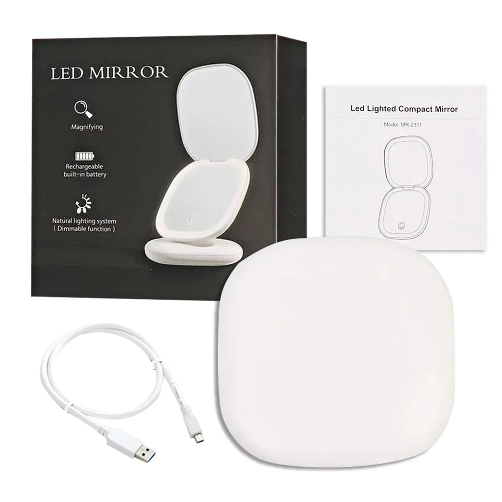 LED Compact Travel Makeup Mirror 1x/5x Magnifying Rechargeable LED Makeup Mirror PLUSH 1 Sides Light