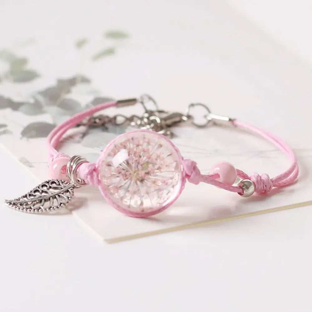 Dried Flower Braided Rope Bracelet – Leaf Clover & Gypsophila Charm Bracelet PLUSH B