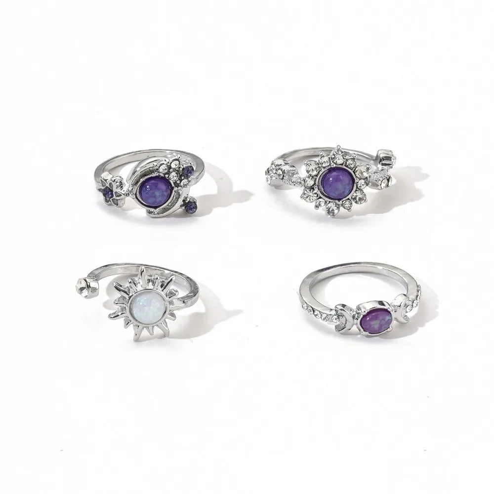 Vintage Gold Sun Moon Stackable Ring Set – 4pcs Purple Gem Stackable Ring Set PLUSH Sun-Moon-Silver
