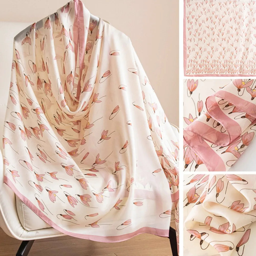 Women's Silk Chiffon Scarf – Lotus Print Shawl Wrap | 180cm Silk Chiffon Scarf PLUSH Style7
