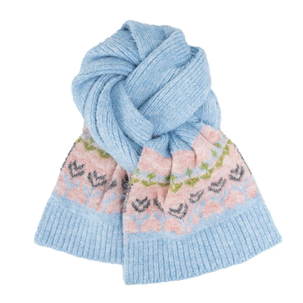 Women's Fair Isle Jacquard Knitted Scarf – Floral Winter Shawl Knitted Winter Scarf PLUSH Blue
