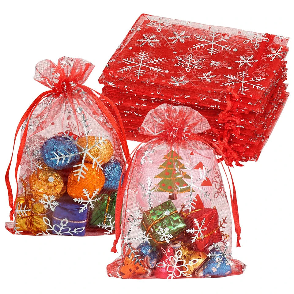 50/100pcs Organza Snowflake Drawstring Gift Bags 9x12cm Organza Gift Bags PLUSH