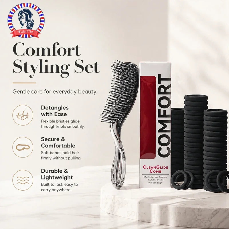 Japanese Anti-Static Hair Brush & Massage Comb Set w/ Hair Ties Hair Brush Set PLUSH