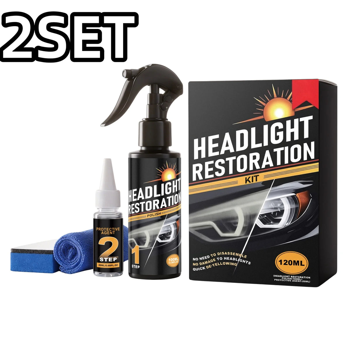 Auto Headlight Restoration Polish Kit – Remove Yellowing & Haze Headlight Restoration Kit PLUSH 2SET Boxed