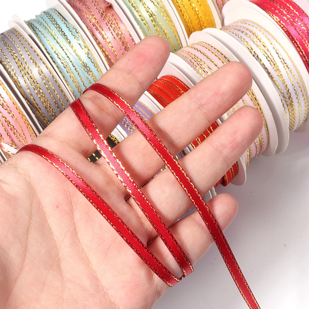 18m Gold Edge Double Face Satin Ribbon 3mm | Gift & Cake Decor Satin Craft Ribbon PLUSH