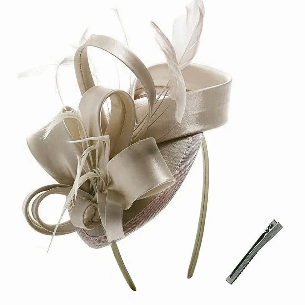 Sweet Bow Feather Fascinator Headband | Tea Party Hair Hoop Fascinator Headband PLUSH Light Gold