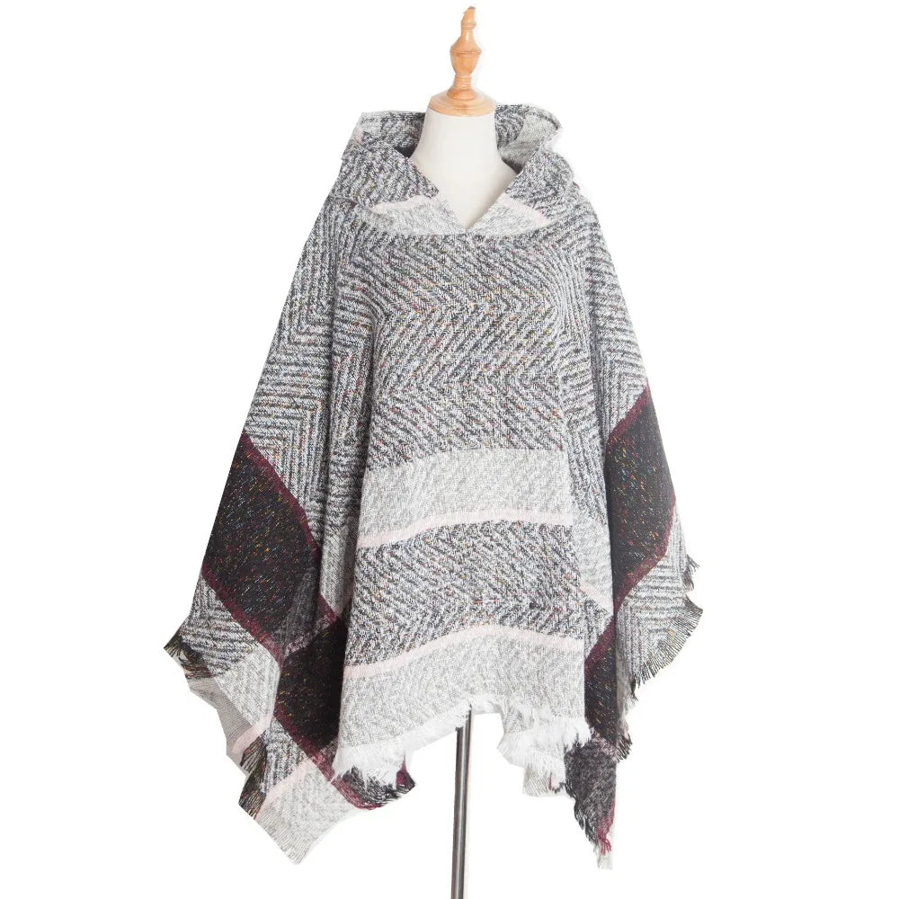 Women's Tassel Hooded Cape Plaid Knit Shoulder Wrap Cloak Hooded Cape Wrap PLUSH Light Grey