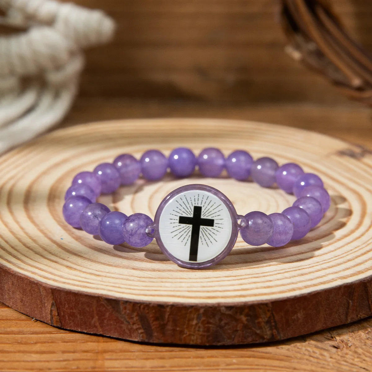 NFC Bible Verse Natural Stone Cross Bracelet – Unisex Christian Beaded Cross Bracelet PLUSH purple length 18cm