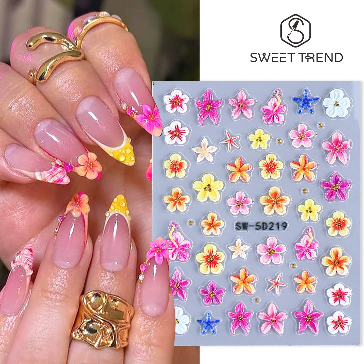5D Embossed Nail Stickers – Tropical Flowers & Starfish Decals Nail Art Stickers PLUSH