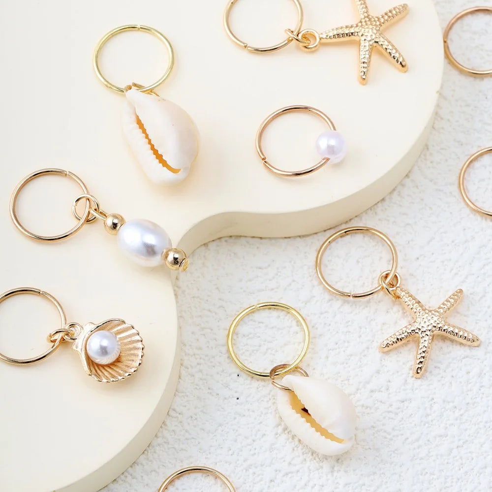 Bohemian Sea Star Shell Pearl Hair Rings – 10pcs Dreadlock Beads Hair Rings Set PLUSH