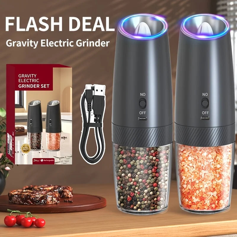 2-Pack Electric Salt & Pepper Grinder Set | USB, LED, Gravity Electric Spice Grinder PLUSH