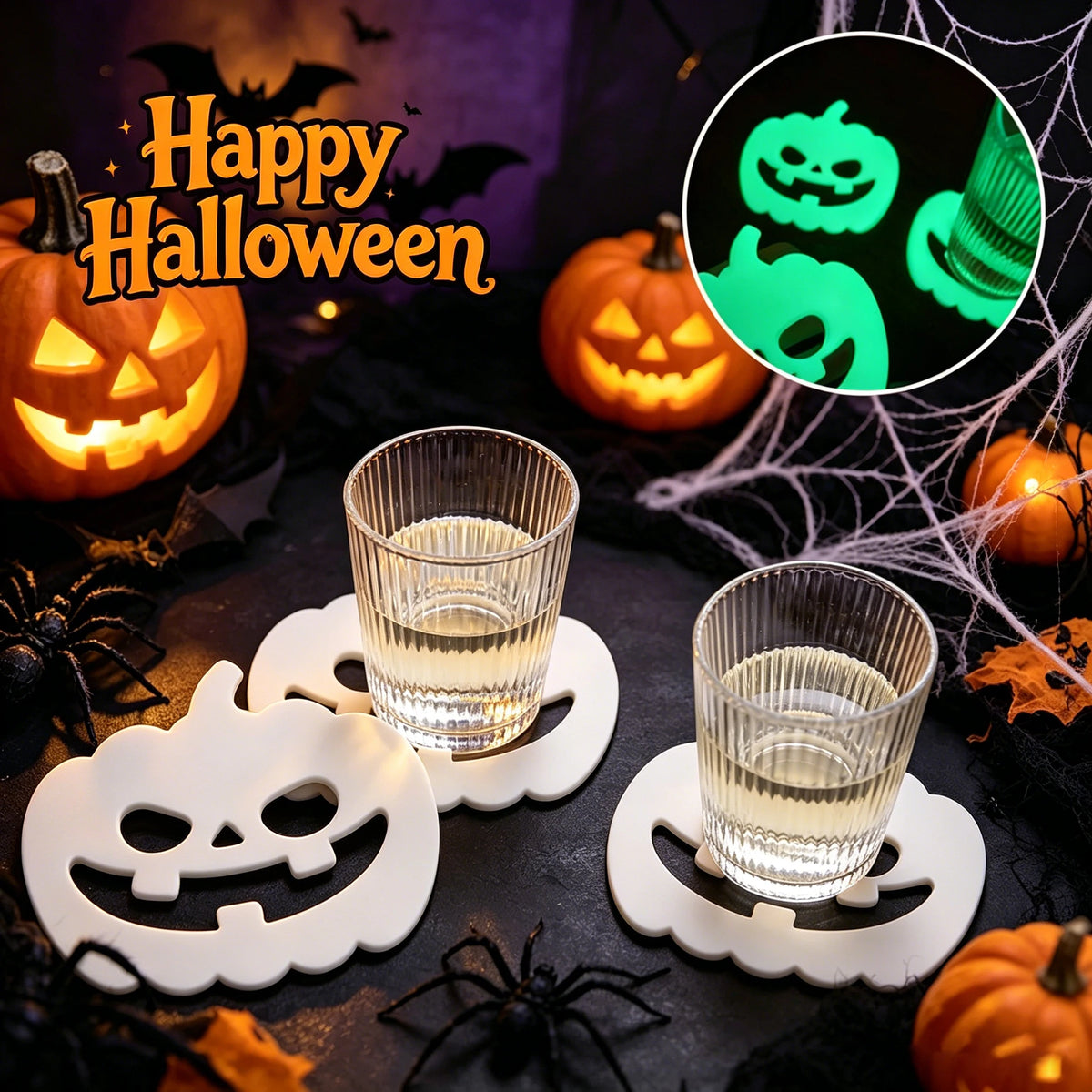 Halloween Glow in the Dark Silicone Coasters Ghost Pumpkin Silicone Coaster Set PLUSH