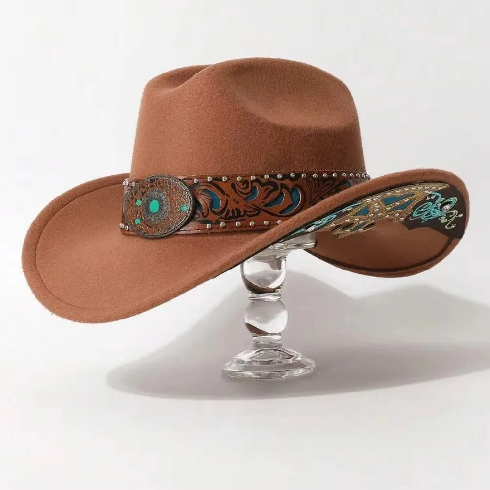 Western Cowboy Hat Turquoise Decor Wide Brim Cowgirl Fedora Western Cowgirl Hat PLUSH Khaki