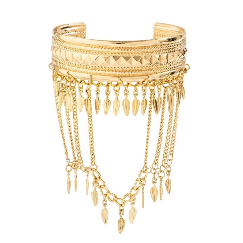 Boho Gold Tassel Arm Cuff Bangle – Adjustable Coin Leaf Armlet Arm Cuff Bangle PLUSH Style A