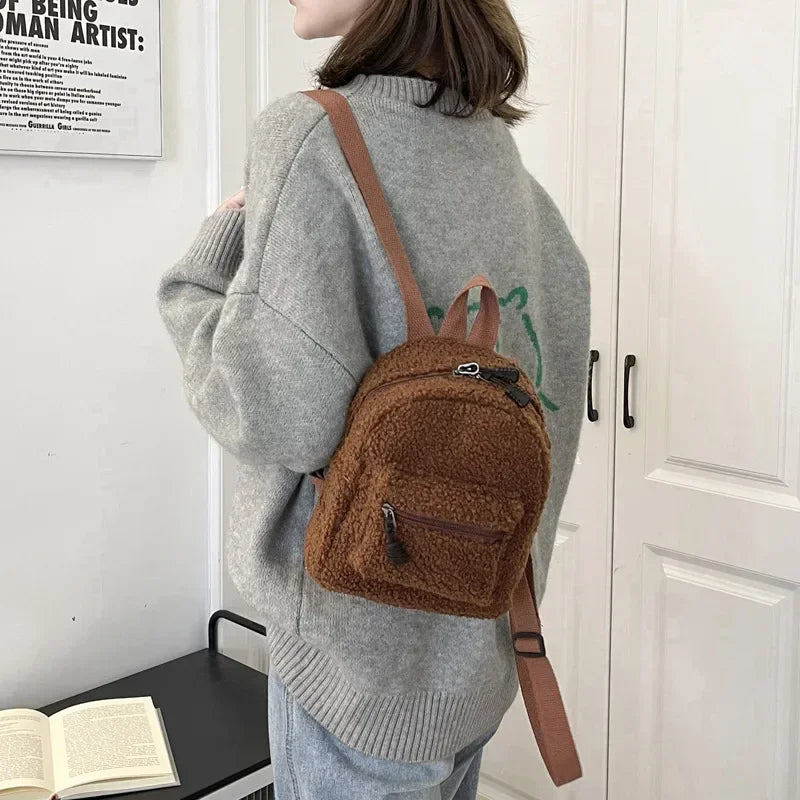 Mini Plush Lamb Fur Backpack – Korean Style Bag for Kids & Adults Plush Mini Backpack PLUSH