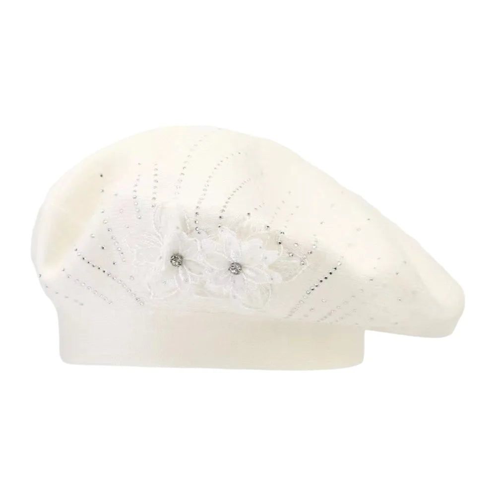 Women's French Beret Hat – Rhinestone Flower Cotton Cap Women's Beret Hat PLUSH White