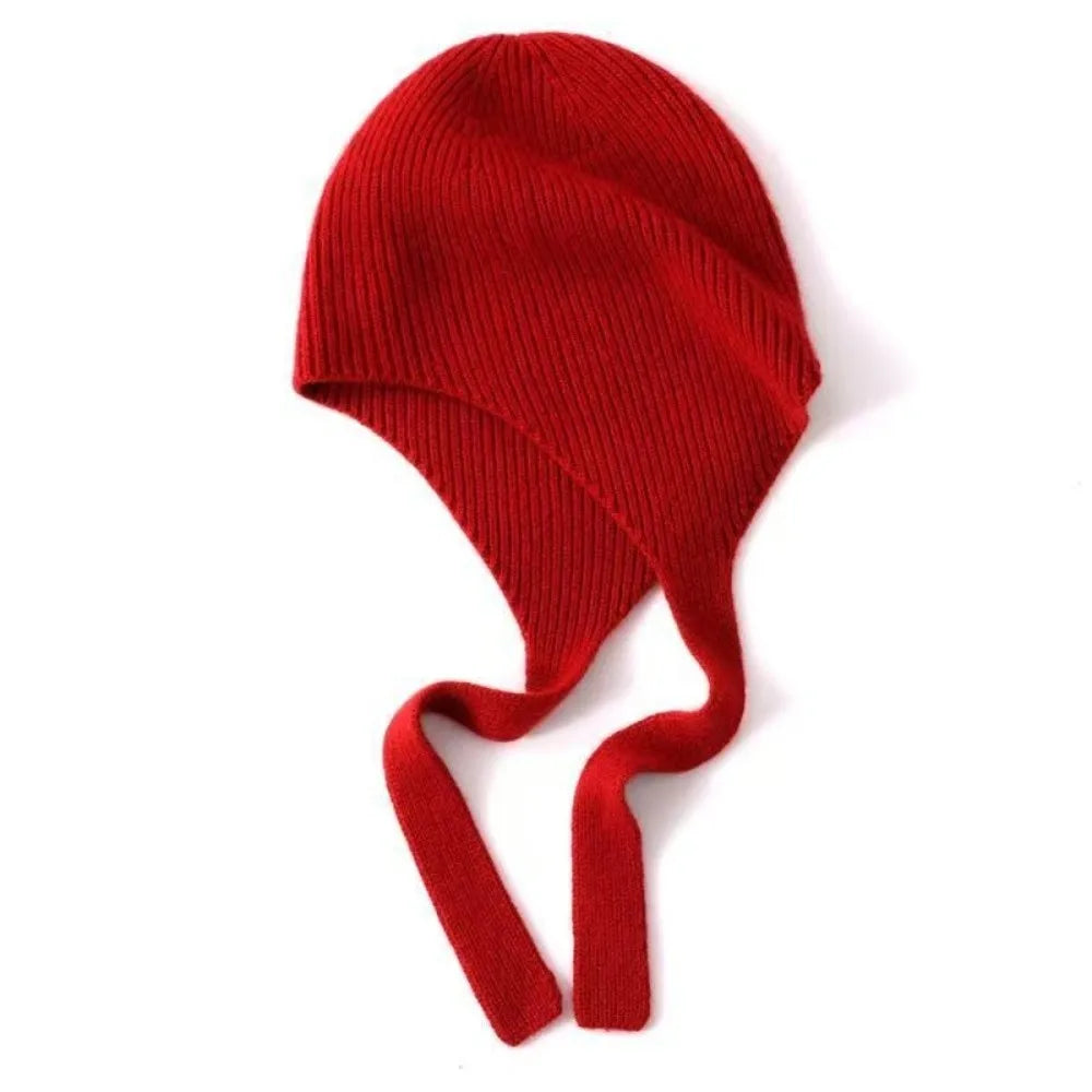 Women's Knit Earflap Beanie with Ribbon Tie – Korean Style Knit Earflap Beanie PLUSH Dark Red