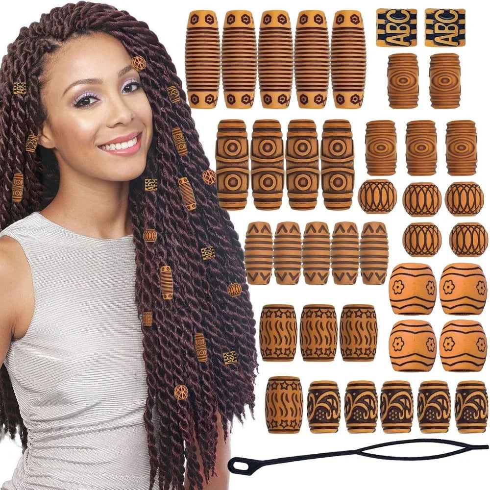 50pcs African Dreadlock Wooden Braiding Beads – Carved Patterns Hair Braiding Beads PLUSH