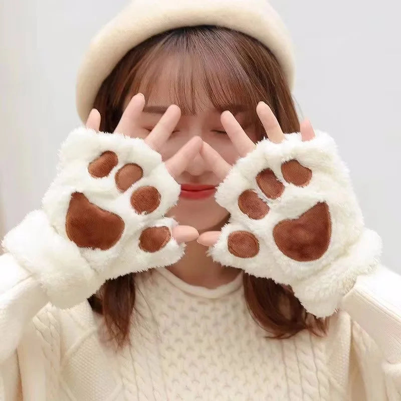 Fluffy Cat Paw Fingerless Gloves – Plush Animal Mittens Fingerless Plush Gloves PLUSH