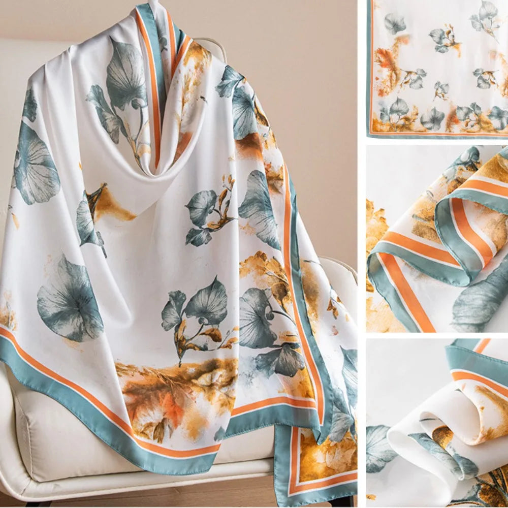 Women's Silk Chiffon Scarf – Lotus Print Shawl Wrap | 180cm Silk Chiffon Scarf PLUSH Style13