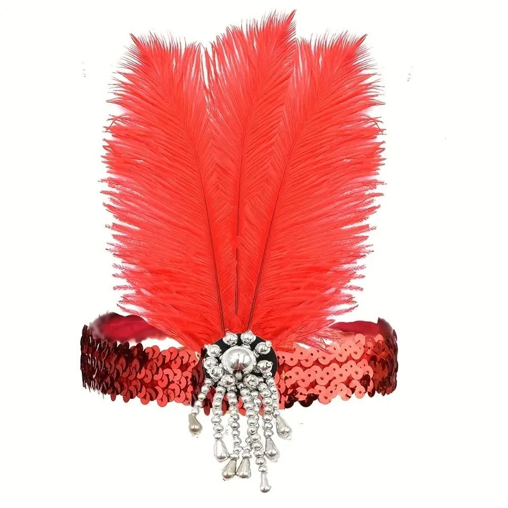 Vintage 1920s Feather Headband – Sequin Rhinestone Headpiece Feather Headband PLUSH Red
