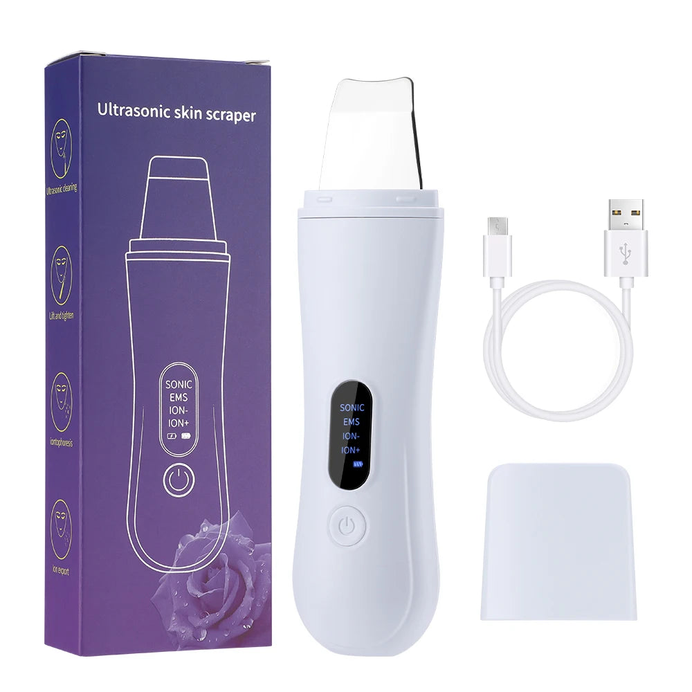 Ultrasonic Skin Scrubber Spatula – 4-Mode Deep Face Cleansing Facial Cleansing Device PLUSH WHITE