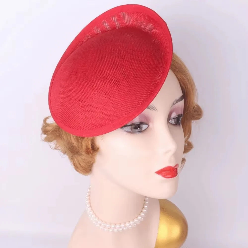 Wide Brim Linen Fascinator Hat Base – Vintage Mesh Headpiece Fascinator Hat Base PLUSH Red