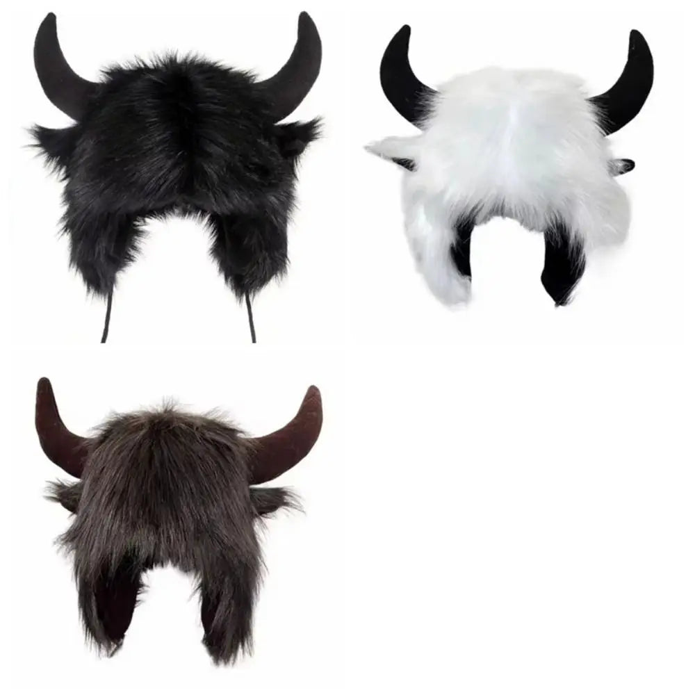 Vintage Ox Horn Lei Feng Cap – Fluffy Fur Trim Thermal Hat Winter Ear Flap Hat PLUSH