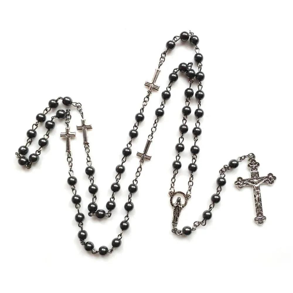 Volcanic Stone Black Rosary Necklace – Cross Crucifix Pendant Rosary Necklace PLUSH Style 2