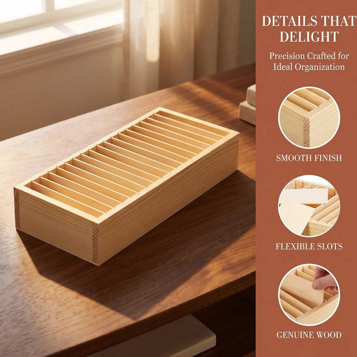 Wooden Desktop Cards Organizer Box – Detachable Compartments Desktop Organizer Box PLUSH