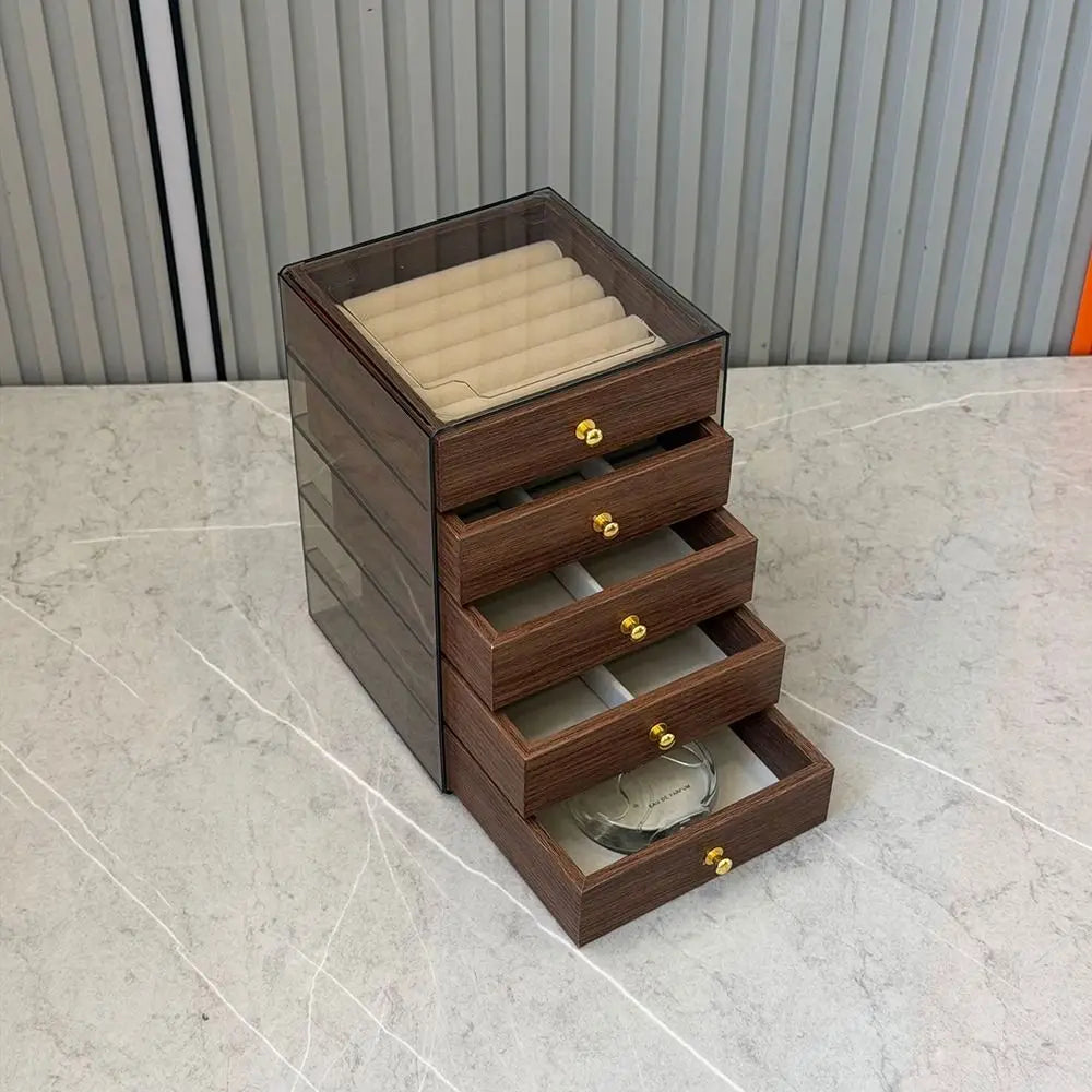 Walnut Grain Jewelry Box – 3 or 5 Drawer Dust-Proof Storage Jewelry Storage Box PLUSH